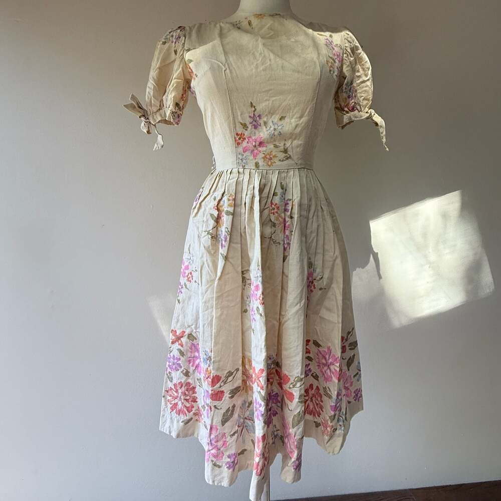 Vintage 1950s Puff Sleeve Floral Print Cotton Midi Day Dress - Picture 3 of 12